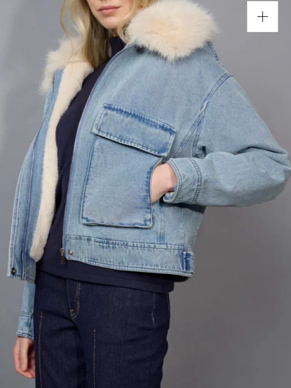 Picadilly Fashion Light Blue Denim Jacket with Cream Shearling Trim